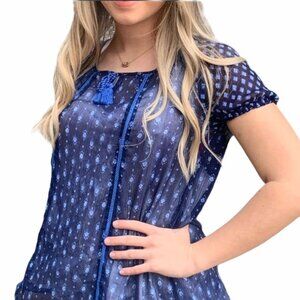 Arizona Jeans Sheer Floral Tassel Blouse Blue